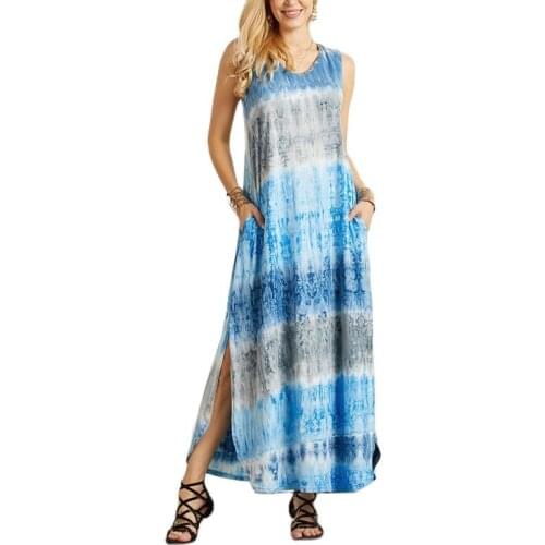 Summer Tie-dye Split Irregular Women Dress Fashion Casual New Style Sleeveless Dress Plus Size Loose Pocket Pullover Dress S-5XL