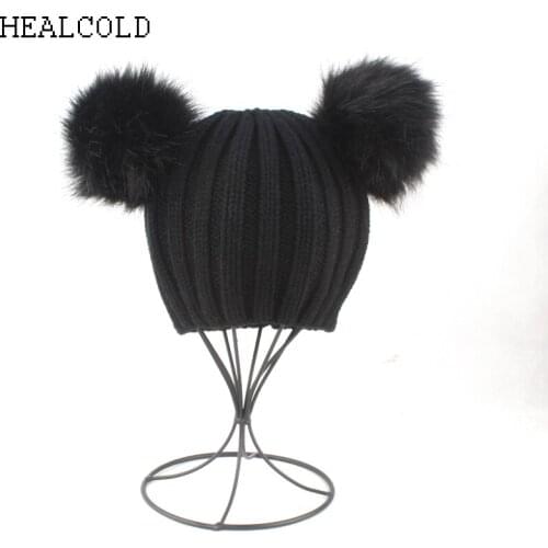 Cute Black Hat For girls boys Faux Fur Hat Pom Pom Ball Beanie Hats Kids Winter Cap 2018