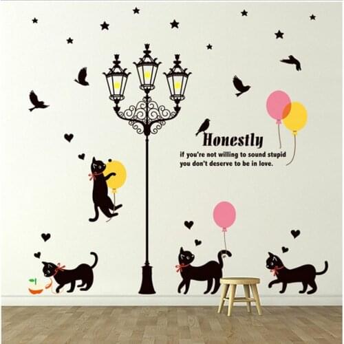Lovely Balloon Cat Under The Street Light Wall Stickers For Kids Room Living Room Bedroom Kindergarten Decorative Decals Sticker