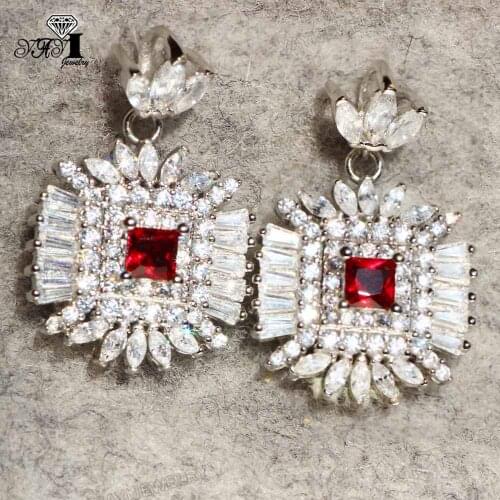 YaYI Fashion Princess Cut Red Natural Cubic Zirconia Silver Color Wedding Party Lover Wear Ear Stud Precious Tassel Earrings