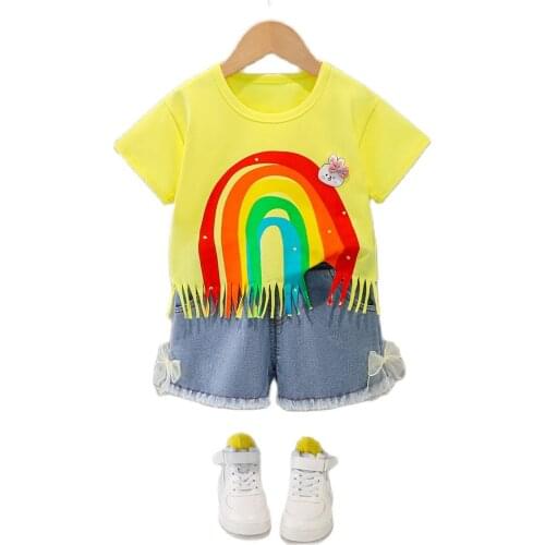 New Arrival Girls Fashion clothing set 2 Pieces Baby Suit rainbow T-shirt +Denim shorts Kids Clothes Girl Suit Baby girls outfit