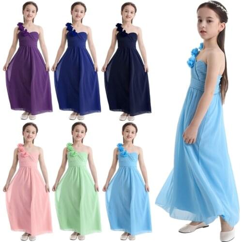 Junior Bridesmaid Dresses Chiffon One-shoulder With Ruffle Flowers Princess Girl Dresses Pageant Wedding Party Flower Girl Dress