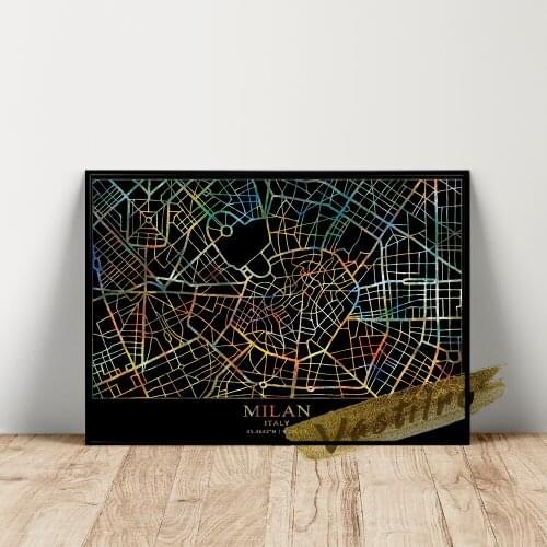 World Map Poster, Milan Geographic Position Wall Picture, Italy City Location Art Prints, Black Background Color Line Wall Art