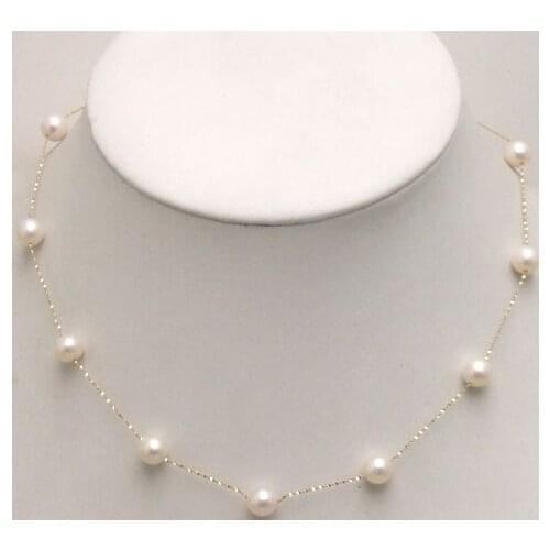Qingmos Geniue gold Chain Floating AAA round 6-7mm white Natural Freshwater pearl 18" necklace with Gold Clasp-5398