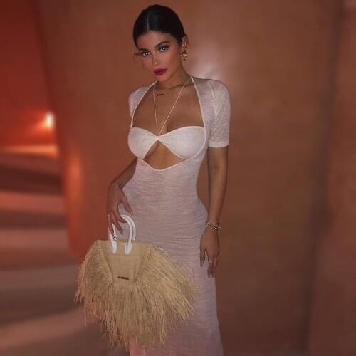 Chic KylieJenner Opening Ceremony La Piana Long Dress Sexy White Bandeau See Through Cut Out Keyhole Transparent Slit Maxi Gown