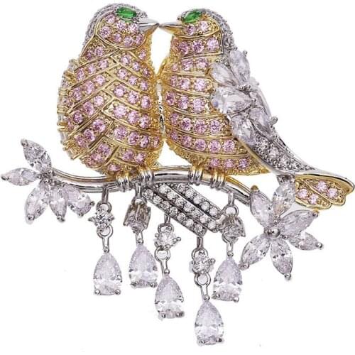 SLJELY High Quatily Brooch Two Magpies on The Branches Pink Yellow Love Birds Zircon CZ Women Fashion Party Jewelry Accessories