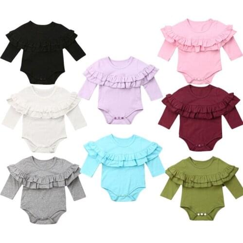 Cotton comfortable Newborn Baby Girls Long Sleeve Solid Bodysuits Lotus leaf collar Jumpsuit Bodysuit Outfits Clothes 8 Colours