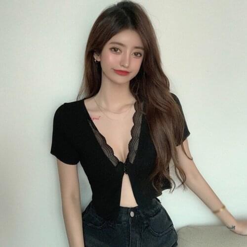 Mesh Lace Stitching Short Sleeve Crop Top Women Solid Color V-neck Button Summer Basic Sexy Party Casual T Shirts