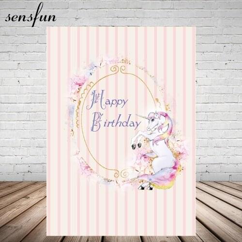 Vinyl Baby Pink Striped Unicorn Party Photographic Backdrop For Girs Birthday Newborn Baby Shower Backgrounds Photocall 5x7FT