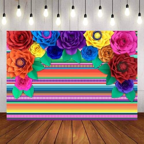 Vinyl 7x5ft Mexican Fiesta Birthday Party Colorful Stripes Cinco De Mayo Festival Photography Backdrop Paper Flower Background