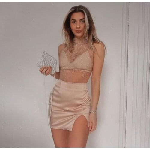 2020 Women Vintage Side Split Hip A-line Skirts Lady Temptation Mini Skirts Sex Party Club Champagne Silk Satin Short Skirts