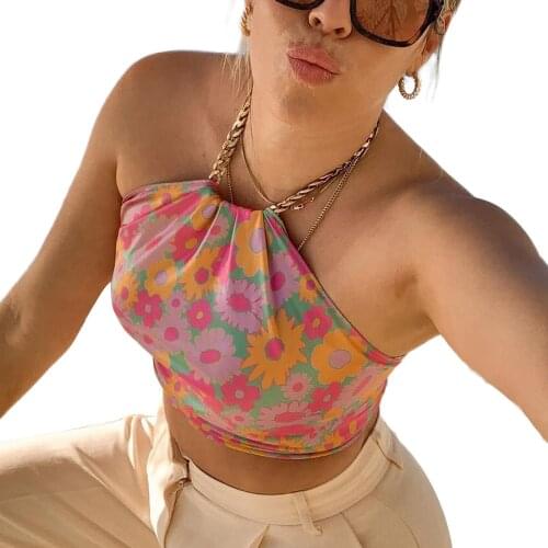 Women’s Fashion Flower Bandage Vest Sexy Chain Halter Round Neck Backless Exposed Navel Camisole For Shopping Street Beach