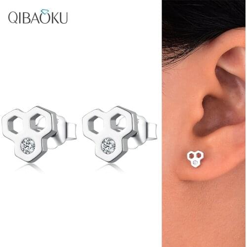 S925 Sterling Silver Stud Earrings for Women Zircon Mini Earring Studs Fine Jewelry Honeycomb Geometric Shape Piercing Earrings