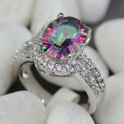 SHUNXUNZE Hyperbole Engagement Wedding rings jewelry for women Rainbow and White Cubic Zirconia Rhodium Plated R775 size 6 7 8 9