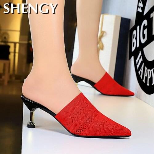 Womens Shoes Black High Heels 2020 New Shallow Mouth Fashion Professional Work Slippers Pointed Toe High Heel Knitted Shoes