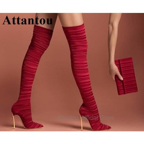 Fashion Red Black Women Over The Knee Long Boots Women Gold Metal Heels High Heel Shoes Pointed Toe Thigh High Boots