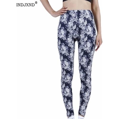 INDJXND Women High Elastic Fitness Sport Gym Leggings Yoga Pants Running Tights Sportswear Trousers Black Retro Flowers Clothing