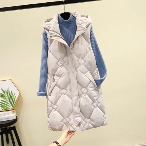Women Winter Autumn Blue Slim Adjust Waist Vest Outwear Female Hollow Cotton Beige Black Mid Length Ladies Sleeveless Jacket
