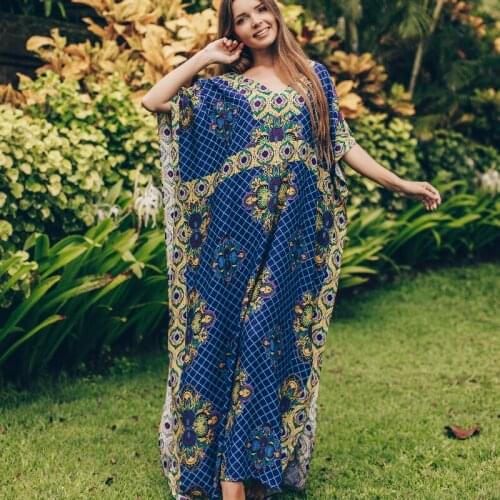2021 Blue Bohemian Printed V-Neck Summer Beach Dress Chiffon Tunic Women Beachwear Sexy V Back Side Split kaftan Robe Dress N761