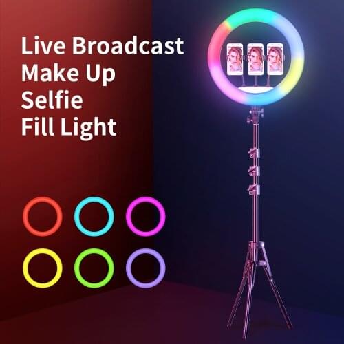 18inch 45cm RGB Professional Ring Light Selfie Lamp With Tripod Stand 3 Phone Clip Holder Live Dimmable Photography Lighting Kit