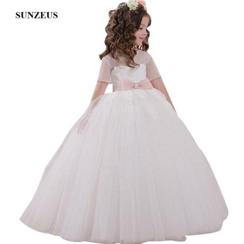 Ball Gown Beaded Short Sleeve Flower Girl Dresses Appliques Long Wedding Party Gowns For Kids abito comunione FLG111