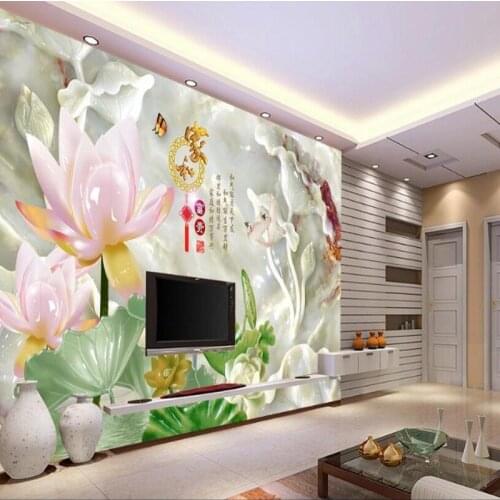 Beibehang Large custom HD wallpaper with jade carving lotus and rich living room TV background home decoration