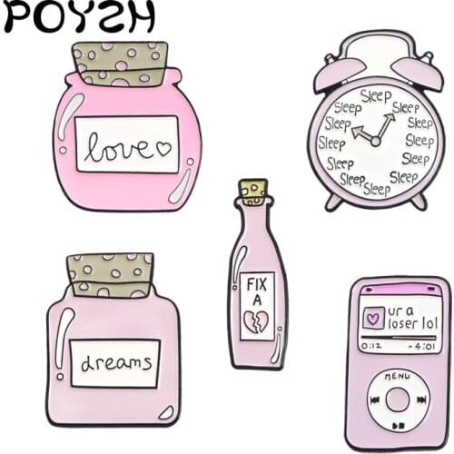 Pink style Brooches Cutie princess Student Enamel Pins fond sleep Fond dream Love alarm clock Bottle badge Jewelry gifts Girls