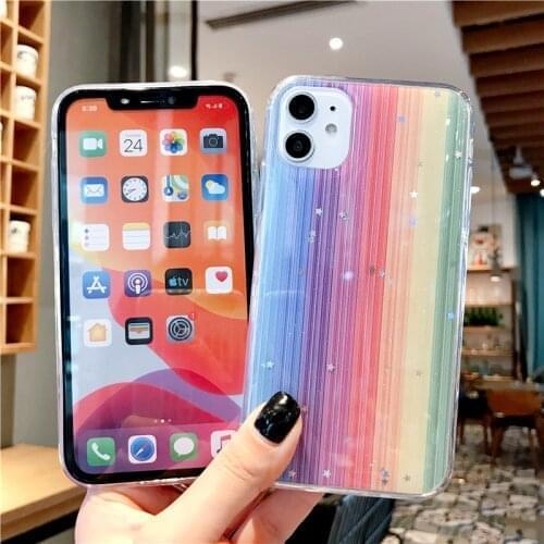 For iPhone SE 2020 11 Pro X XR XS Max 6 6S 7 8 Plus Case Fashion Glitter Bling Rainbow Star Silver Powder Back Funda Cover