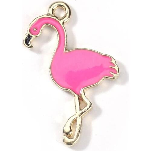 DoreenBeads Hot Fashion Zinc Based Alloy Pendant Flamingo Pattern Gold Color Fuchsia Enamel 28mm(1 1/8") x 18mm( 6/8"), 10 PCs
