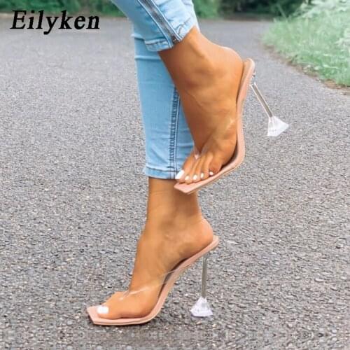 Eilyken 2021 Summer New Fashion PVC Transparent Slippers Perspex Crystal Strange High Heels Square Toe Flip Flop Women Shoes