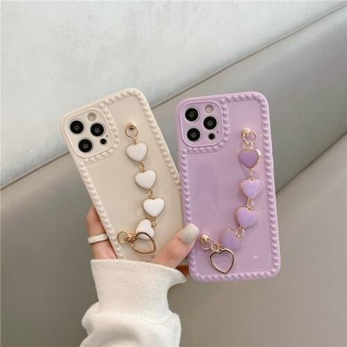 Purple Love Heart Frame Bracelet Phone Case for iPhone 12 Pro MAX X XS XR 11 Pro MAX 6 7 8 Plus Pearl Chain Cover