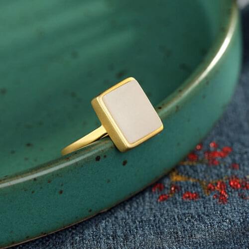 Natural Hetian Jade White Jade Rectangular Frosted Open Ended Ring Inlaid S925 Sterling Silver Square Ring Ornament for Women