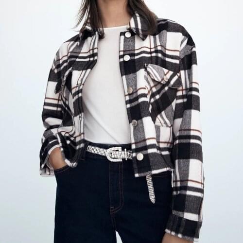 JUNWU 2021 Autumn Women Black And Gray Plaid Print Lapel Short-Breasted Pockets Thick Short Jacket Chic Za Design British Style
