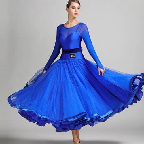 2018 New modern dance costumes royal blue womens competition long sleeve ballroom dance dress Waltz tango dancing dresses