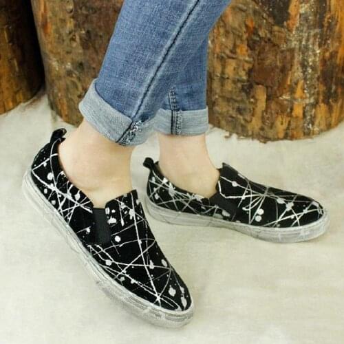 Genuine Leather Sneakers Women Leather Hand-Printing Round Toe Casual Slip On Flat Shoes