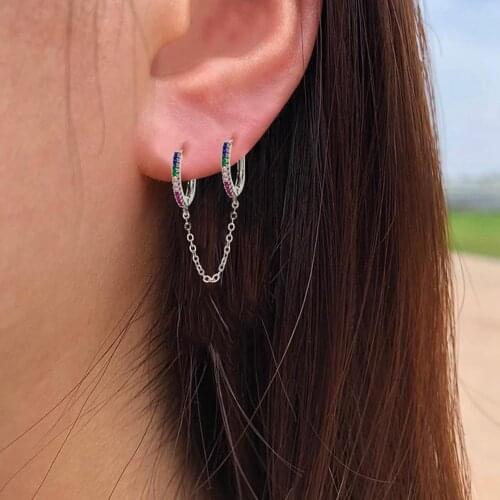 Top selling double hole female pierced earrings in 2021 bright crystal zircon Silver Chain Earrings Party Jewelry ER-0495