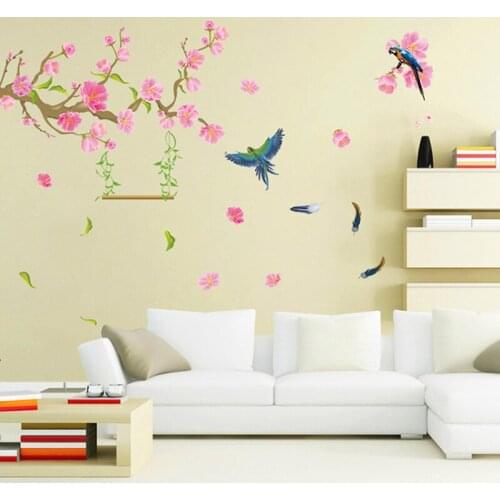 Flowers Tree Bird Wall Stickers Sofa TV Chinese Style Decals Bedroom Living Room Vinyl Art Peach Poster Home Decor Wallpaper