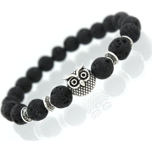 New Fashion Jewelry Natural Lava Stone Beads Owl Bracelet for Women Men Accessories