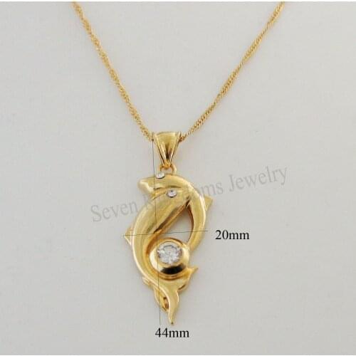 Min Order 10$ Can Mix Design/- YELLOW - GOLD COLOR 18" NECKLACE & DOUBLE DOLPHIN CROSSED CZ STONE PENDANT VERY UNIQUE