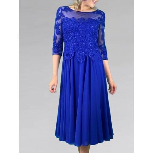 Blue Mother of the Bride Dress Sheer Neckline Applique with Beads Zipper Back Three Quarter Sleeves Mothers party Gowns