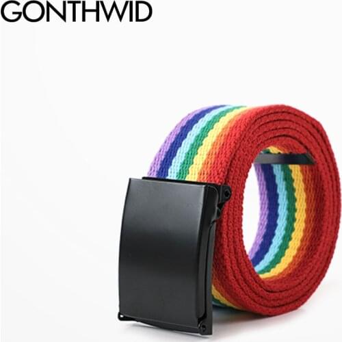 GONTHWID Adjustable Metal Buckle Rainbow Canvas Waist Belts Streetwear Men Women Harajuku Hip Hop Casual Street Waistband