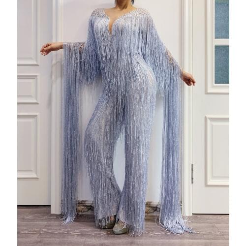 Silver Gray Fringe Rhinestones Jumpsuit Birthday Celebrate Tassel Bodysuit Stage Dance Leggings Women Singer Dancer Outfit