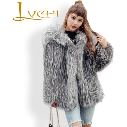 LVCHI Grey Winter Coats Women Keep Warm Street Style Vest Midi Real Silver Fox Fur Coat With a Hat Fur Vest 2019 Womens Fox Fur
