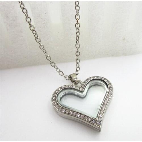 Rhinestone magnetic heat locket necklace Glass living locket pendant alloy floating lockets with 60cm chains necklace jewelry