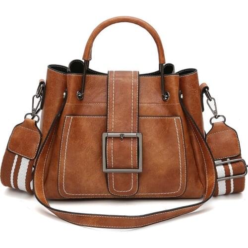 Bags 2021 New Womens Bag PU Leather Shoulder Bag Bucket Bag Wide Shoulder Strap Shoulder Messenger Bag Large Capacity Handbag