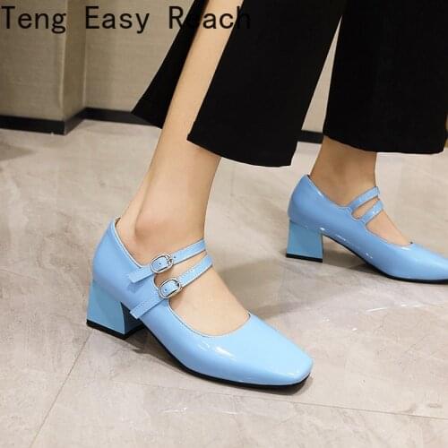 Spring Autumn Women Mary Janes Shoes Patent Leather Low Heels Dress Shoes Square Toe Shallow Buckle Strap fashion Shoes