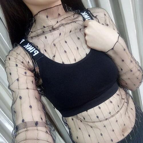 Crop Tops Women Transparent Tees Sexy Tops Ultrathin Shirt Fish Net Punk See Through Lace tshirts Trend China chemise femme
