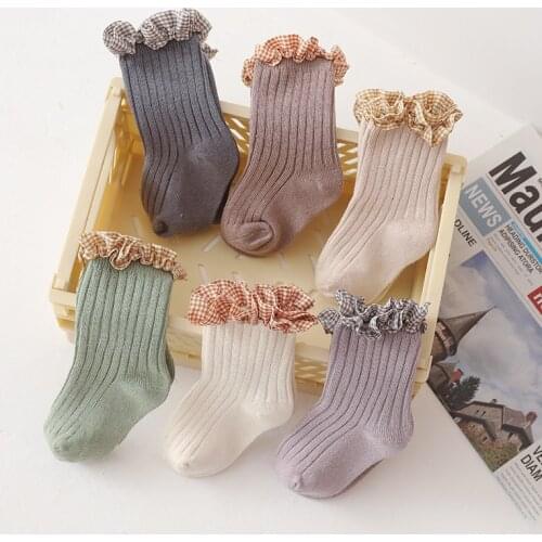 2021 Spring Childrens Socks Cute Lace Tube Girls Socks Cream Gray Baby Double Needle Cotton Socks Plaid Toddlers Socks