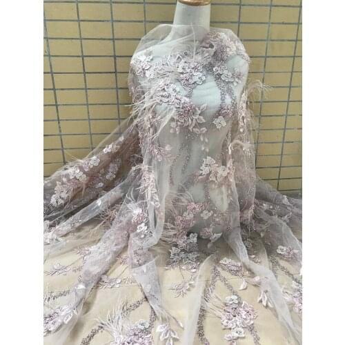 Top quality SYJ-686814 embroidered African Tulle Lace Fabric with beads and feathers