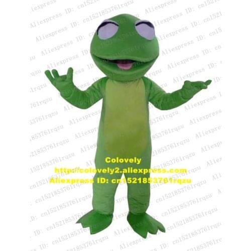 Green Frog Toad Bufonid Bullfrog Mascot Costume Adult Cartoon Character Eyes Smile Narrowed Line Beamed With Happiness zz4376